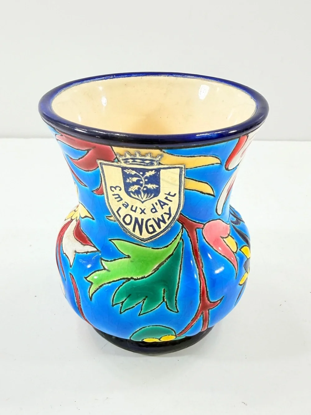 Vintage Emaux d'Art LONGWY Floral Hand-Painted Enamel Ceramic Vase w/ Label 4”